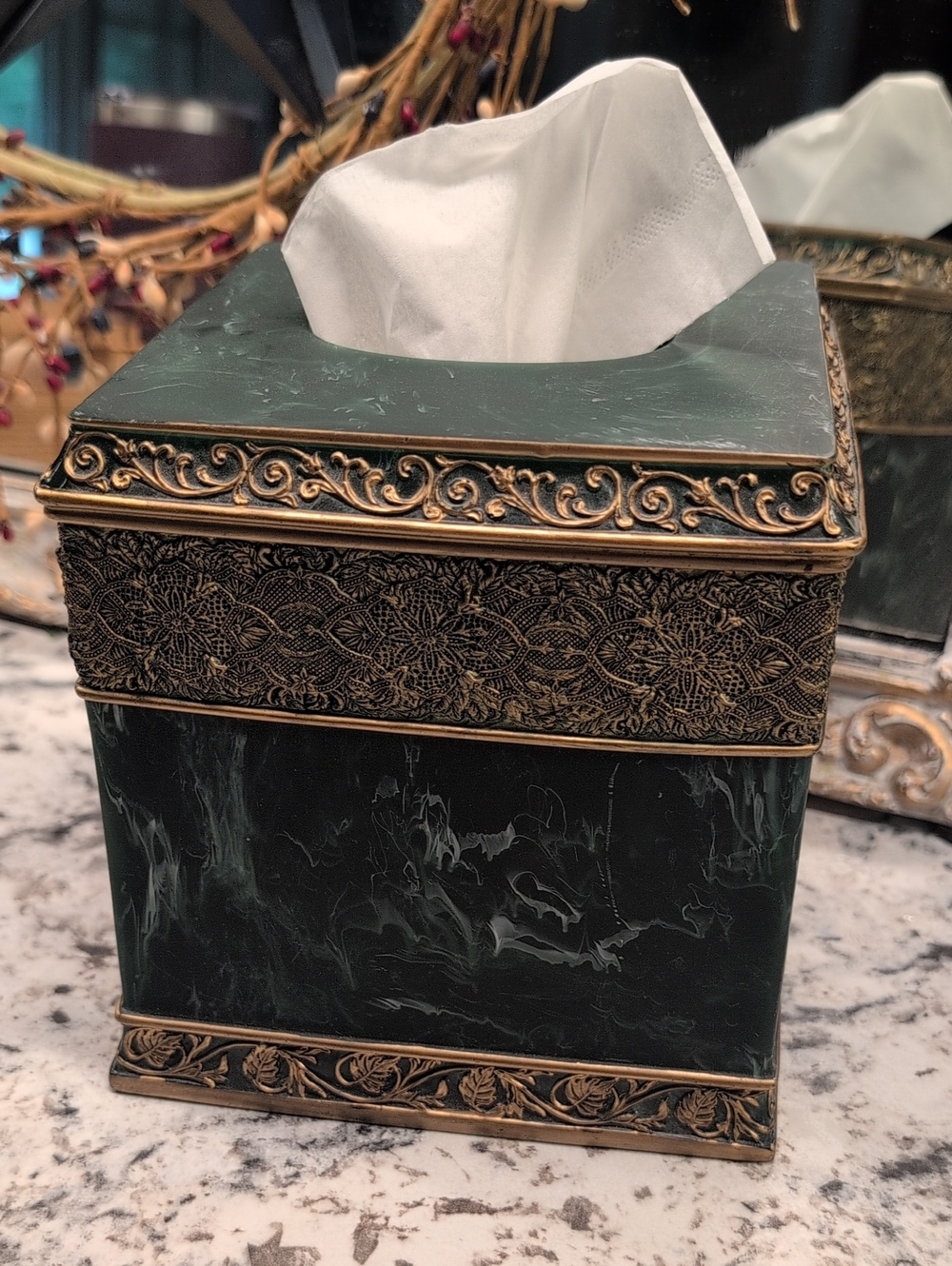 Earl & Wilson Vintage Dark Green Marble Resin Tissue Box Cover Gold Filigree